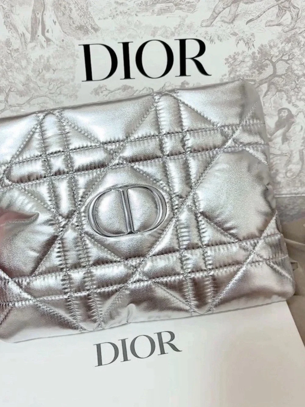 New in box Dior Silver Quilted Zip Makeup Bag Zipper Pouch with CD Logo